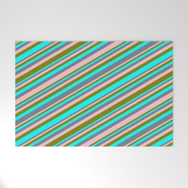 [ Thumbnail: Cyan, Slate Gray, Pink & Green Colored Lines Pattern Welcome Mat ]