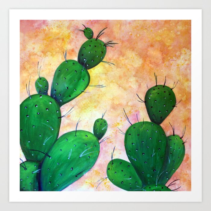 Cactus Original Painting Gouache Watercolor Green Yellow