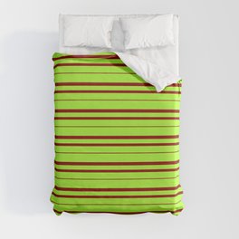 [ Thumbnail: Light Green and Dark Red Colored Lined Pattern Duvet Cover ]