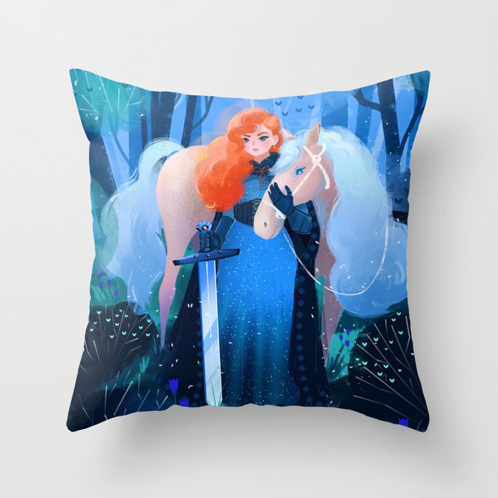 Lady with a Sword and White Horse Throw Pillow