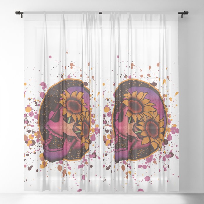 Purple Sunflower Skull Sheer Curtain