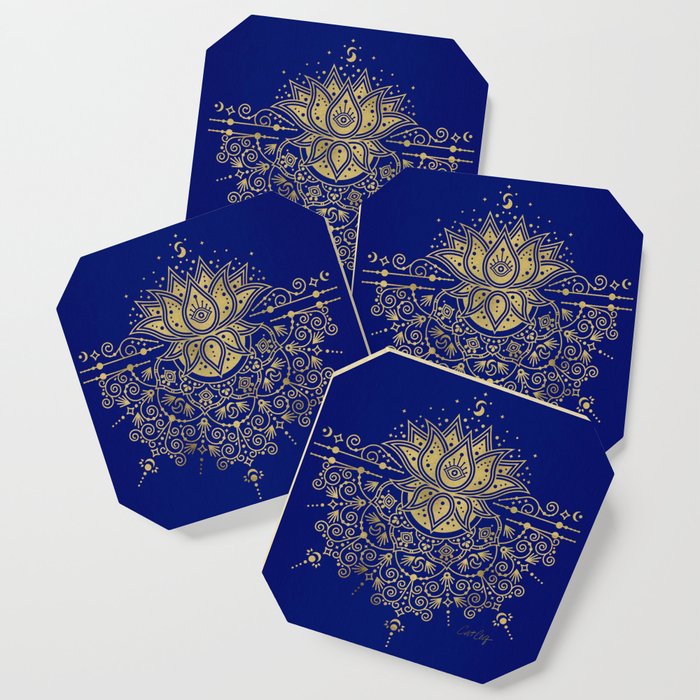 Sacred Lotus Mandala – Navy & Gold Palette Coaster