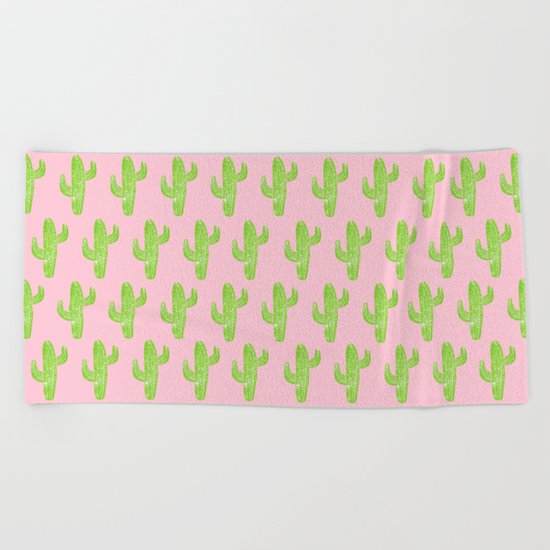 Linocut Cacti Minty Pinky Beach Towel