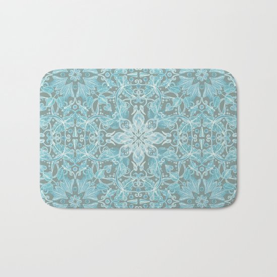 Soft Teal Blue & Grey hand drawn floral pattern Bath Mat
