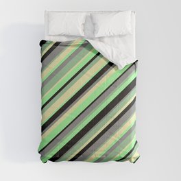 [ Thumbnail: Eye-catching Dark Sea Green, Pale Goldenrod, Green, Black, and Gray Colored Stripes Pattern Comforter ]