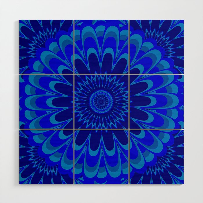 Summer Mandala Full Bloom Celebration in Vibrant Blue Wood Wall Art