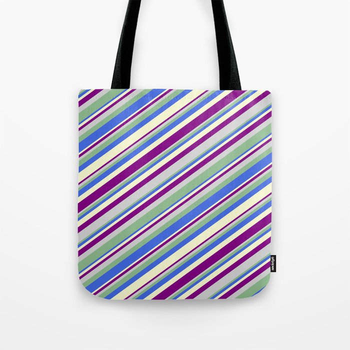 Colorful Light Grey, Dark Sea Green, Royal Blue, Light Yellow & Purple Colored Lined/Striped Pattern Tote Bag