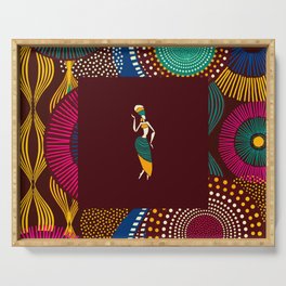 African American exuberant sunburst tribal abstract portrait painting for home and wall decor Serving Tray