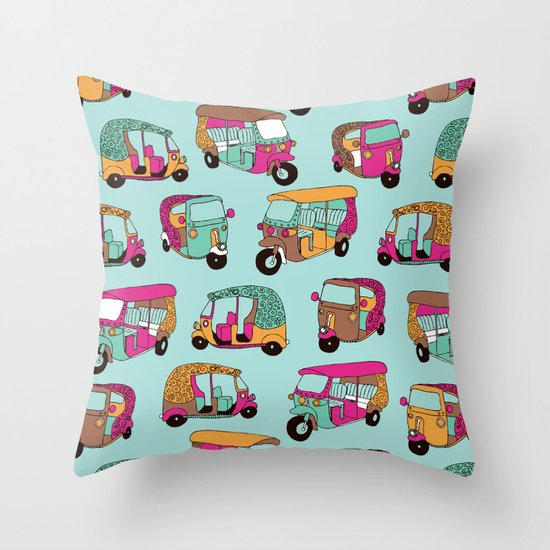 India rickshaw illustration pattern Throw Pillow