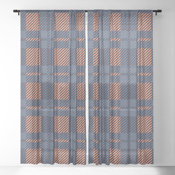 Trendy Blue & Orange Tartan Plaid Pattern Sheer Curtain