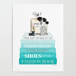 Teal fashion books with perfume bottle and make up brushes by Amanda Greenwood Poster