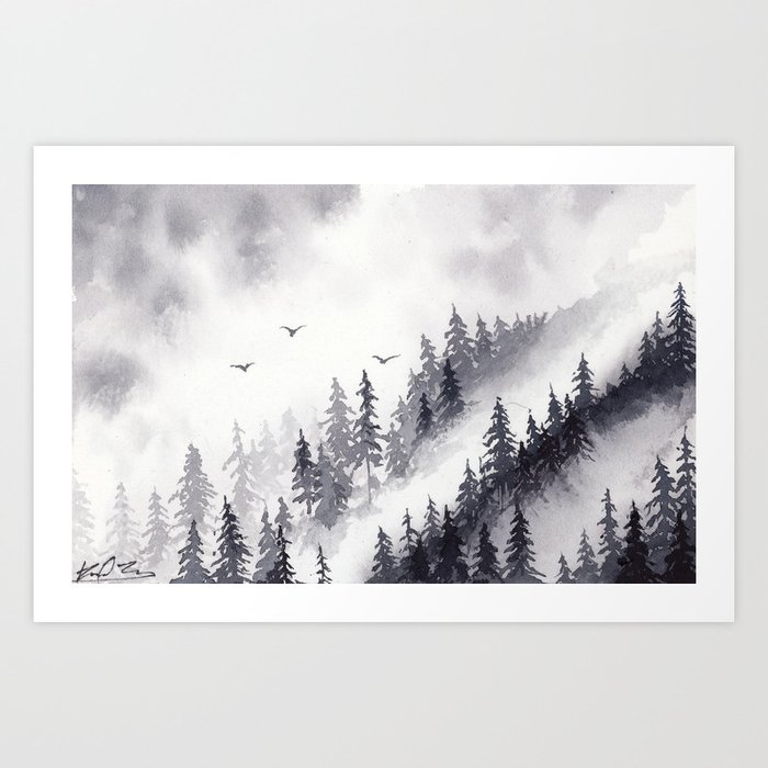 Winter Misty Mountain Pine Forst Landscape Watercolor Painting Art