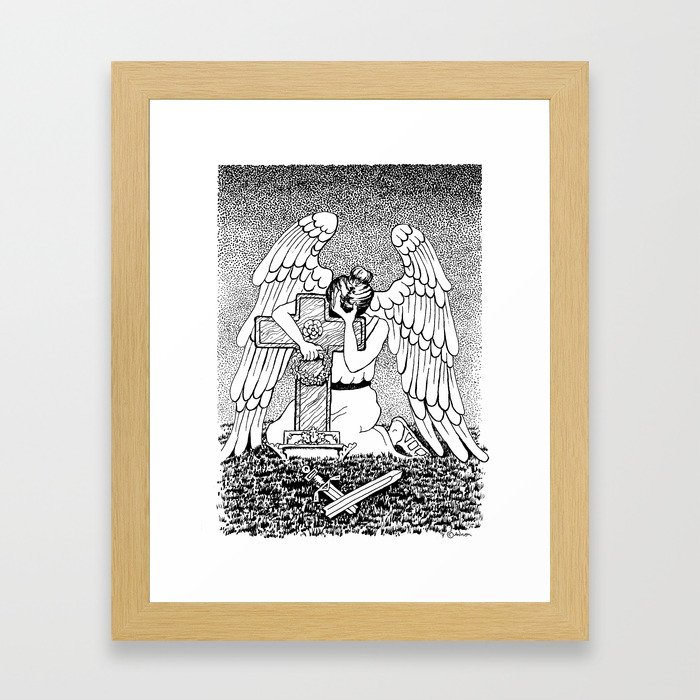 Weeping Angel at Grave Black And White Ink Drawing Framed Art Print