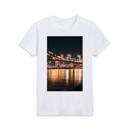 New York City Manhattan skyline and Brooklyn Bridge at night Kids T Shirt