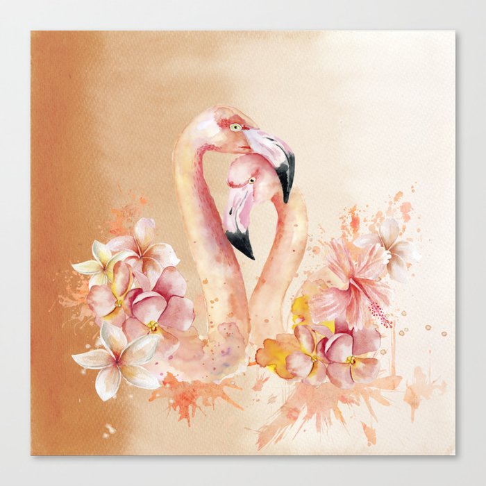 Tropical Birds- Flamingo In LOVE with exotic flowers Canvas Print