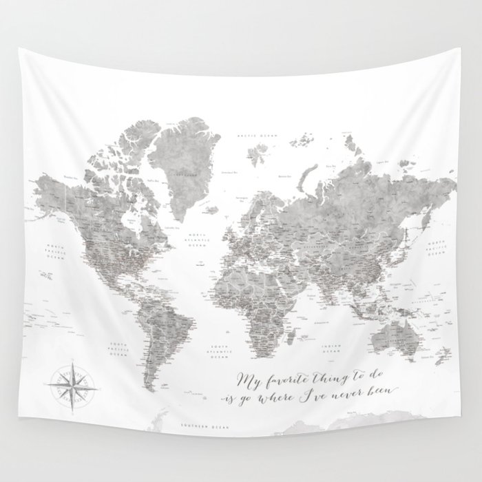 Where I've never been detailed world map in grey Wall Tapestry