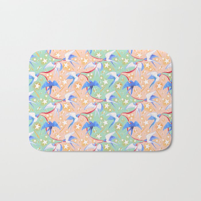 Swallows carrying Ribbons shuttle between Meteor Showers (Aqua/Coral) Bath Mat