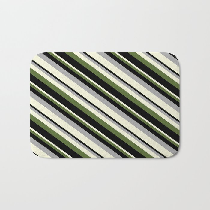 Dark Grey, Beige, Dark Olive Green, and Black Colored Striped/Lined Pattern Bath Mat