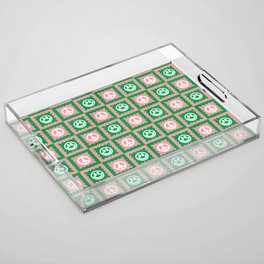 Funky Checkered Smileys and Peace Symbol Pattern (Pink, Green, White) Acrylic Tray