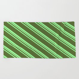 [ Thumbnail: Green and Dark Olive Green Colored Striped Pattern Beach Towel ]
