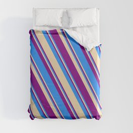 [ Thumbnail: Blue, Tan, and Purple Colored Striped Pattern Duvet Cover ]
