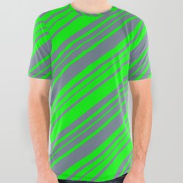 [ Thumbnail: Lime and Slate Gray Colored Stripes/Lines Pattern All Over Graphic Tee ]