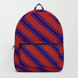 [ Thumbnail: Red and Blue Colored Lined/Striped Pattern Backpack ]