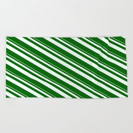 [ Thumbnail: Mint Cream & Dark Green Colored Lined Pattern Beach Towel ]