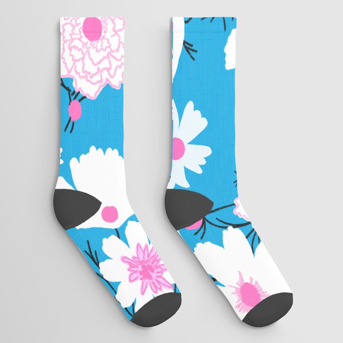 Retro Modern Spring Flowers Turquoise and Pink Socks