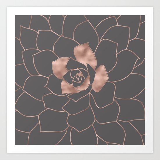 Rosegold blossom on grey - Pink metal-effect flower Art Print
