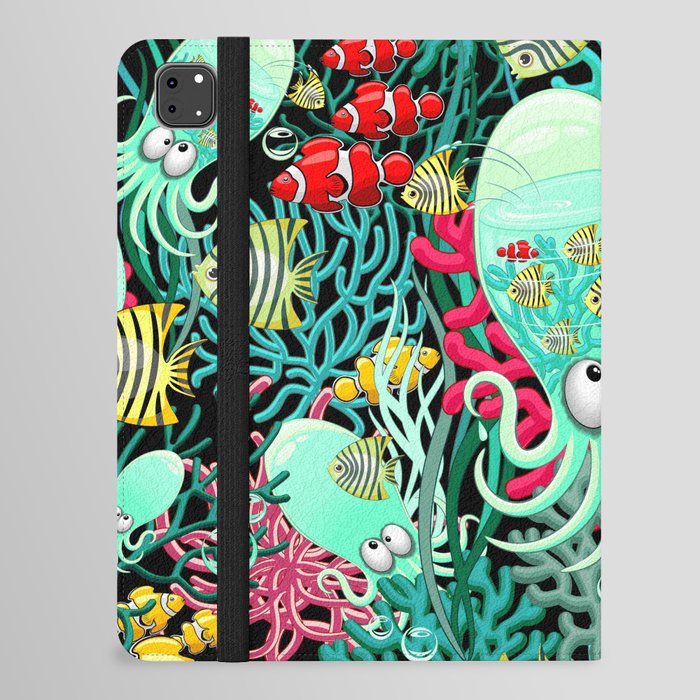 Octopus Silly Funny Character on Coral Reef Pattern iPad Folio Case