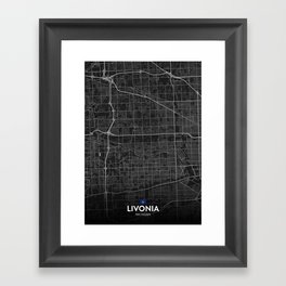 Livonia, Michigan, United States - Dark City Map Framed Art Print