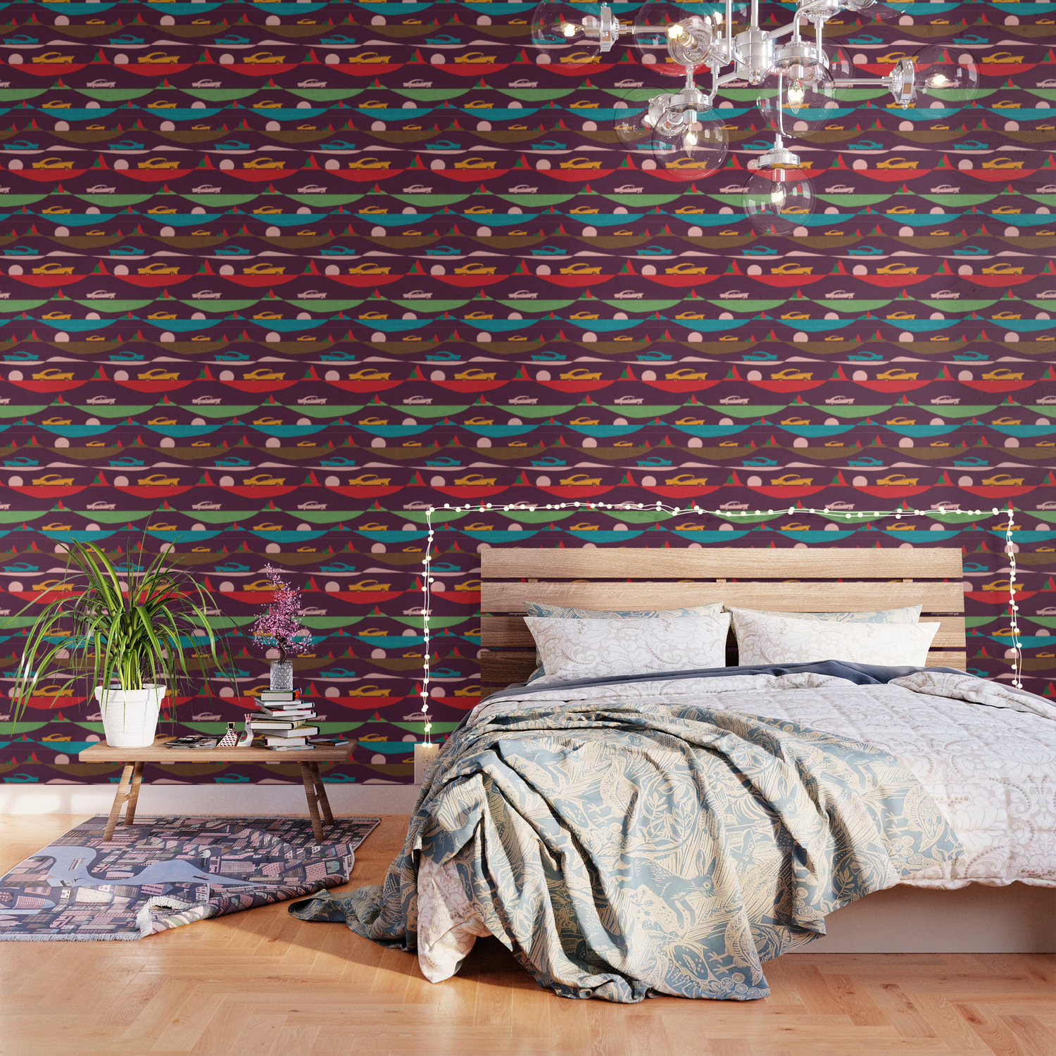 50s Retro Road Trip Purple Midcenturymodern Wallpaper