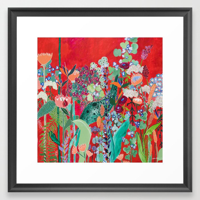Red floral Jungle Garden Botanical featuring Proteas, Reeds, Eucalyptus, Ferns and Birds of Paradise Framed Art Print
