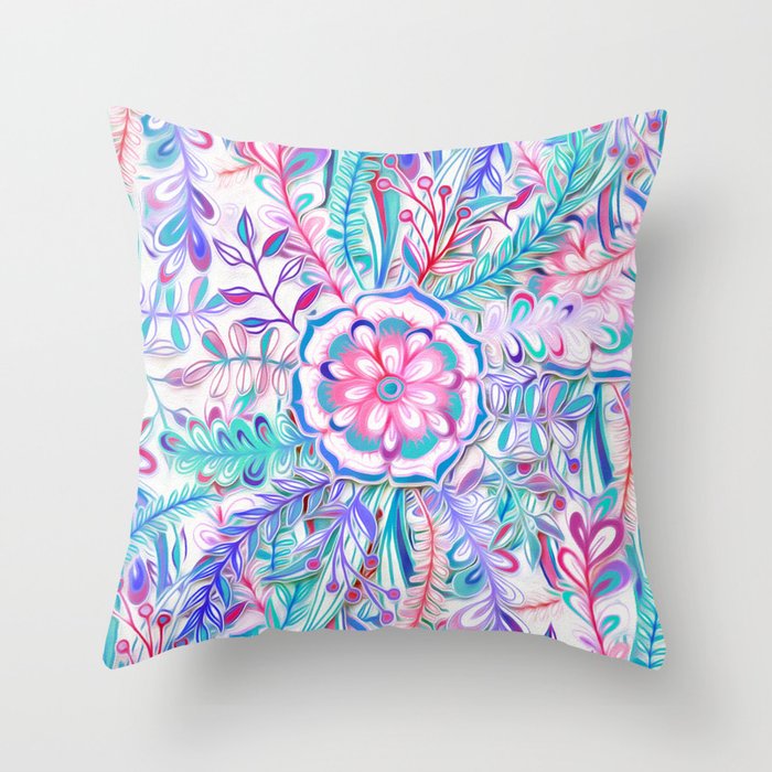 Boho Flower Burst in Pink and Teal Throw Pillow