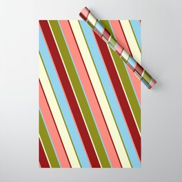 [ Thumbnail: Colorful Light Yellow, Dark Red, Salmon, Sky Blue & Green Colored Lines Pattern Wrapping Paper ]