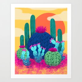 Colorful Cactus Sunset Desert Landscape Art Print