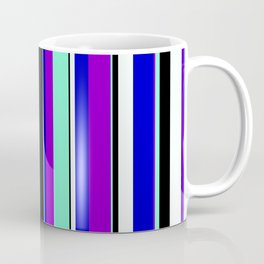 [ Thumbnail: Dark Violet, Aquamarine, Black, Mint Cream & Blue Colored Pattern of Stripes Coffee Mug ]