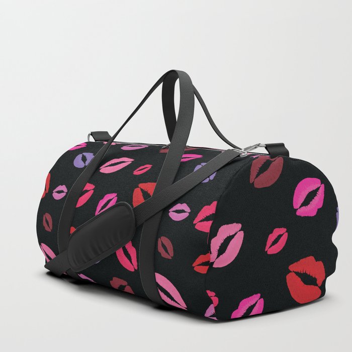 Lipstick kisses on black background. Digital Illustration background Duffle Bag