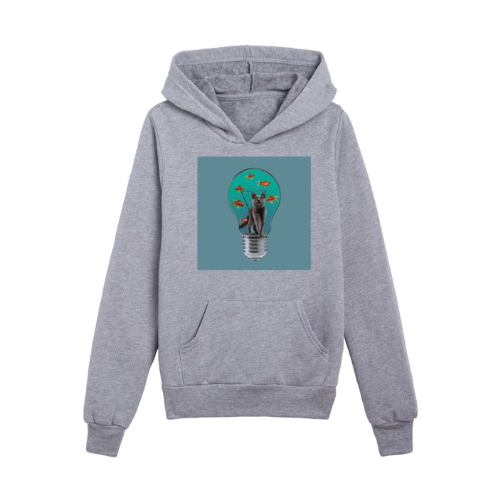 Bulb with grey cat and goldfishes Kids Pullover Hoodie