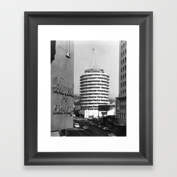 Capital Records Building, Los Angeles, California black and white photograph / black and white photography Framed Art Print