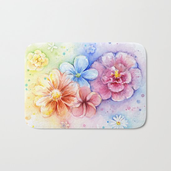 Flowers Watercolor Floral Colorful Rainbow Painting Bath Mat
