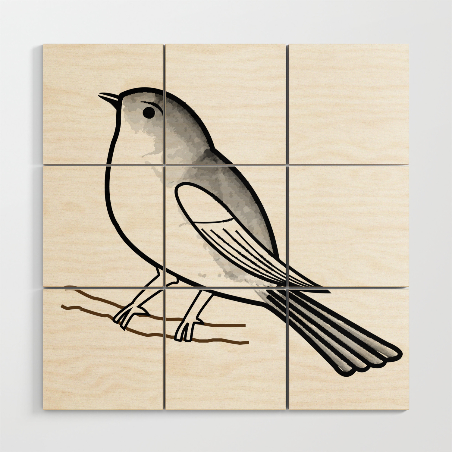 Cute bird on a twig- Tiny sparrow drawing in shades of grey Wood Wall Art  by Shawlin | Society6