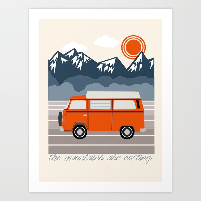 Van Life III - mountains van road tripping travel camping bus RV art Art Print