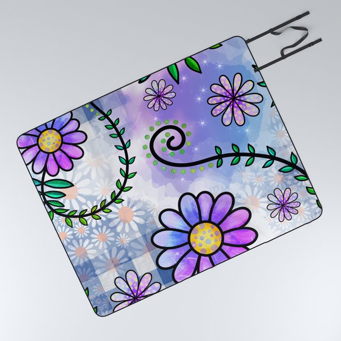 Watercolor Doodle Floral Collage Pattern 05 Picnic Blanket