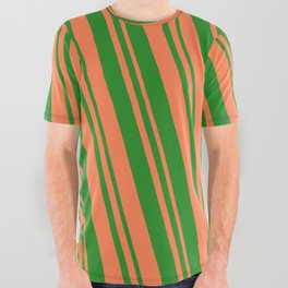 [ Thumbnail: Forest Green & Coral Colored Lines Pattern All Over Graphic Tee ]