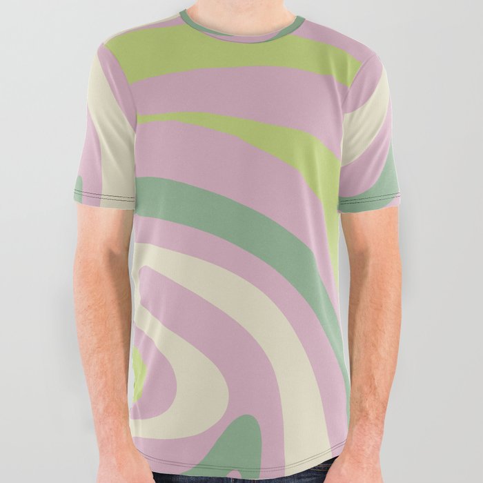 New Groove Retro Swirls in Soft Pastel Lavender Pink Lime Green All Over Graphic Tee