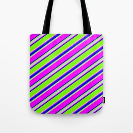[ Thumbnail: Green, Light Gray, Fuchsia & Blue Colored Stripes/Lines Pattern Tote Bag ]