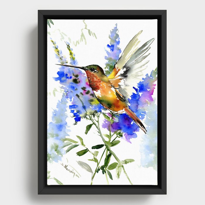 Alen's Hummingbird and Blue Flowers, floral bird design birds, watercolor floral bird art Framed Canvas