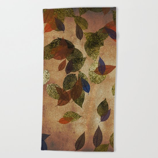 Autumn-world 3 - gold glitter leaves on dark backround Beach Towel